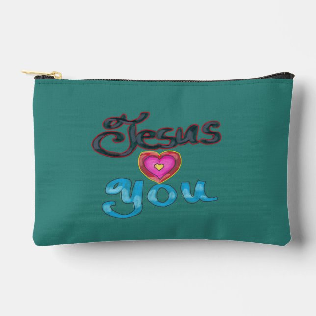 Pochette À Accessoires « Jésus vous aime » Turquoise  (Recto)