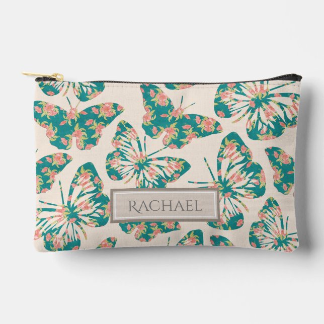 Pochette À Accessoires Joli floral Turquoise Papillon Motif personnalisé (Recto)