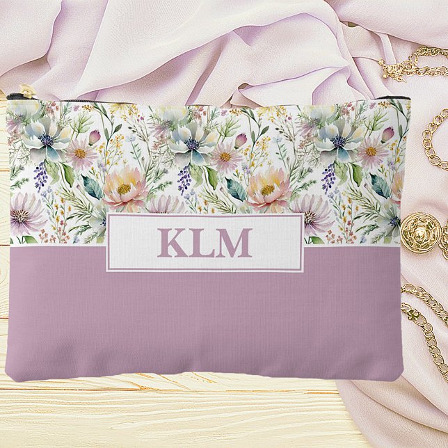 Pochette À Accessoires Joli monogramme de motif floral pastel (Créateur téléchargé)