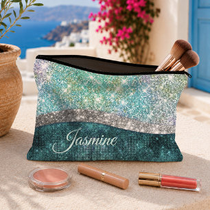 Pochette À Accessoires Joli monogramme iridescent turquoise faux brillant