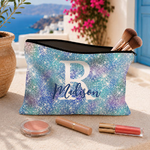 Pochette À Accessoires Joli monogramme licorne iridescent bleu rose paill