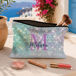 Pochette À Accessoires Joli monogramme licorne turquoise faux paillettes