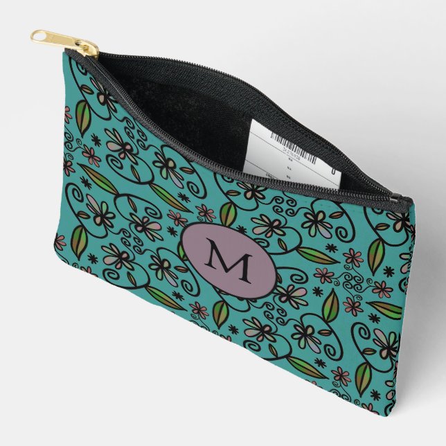 Pochette À Accessoires Joli motif floral sarcelle monogramme (Ouvrir)