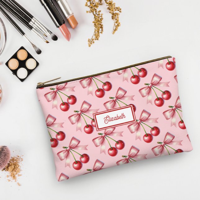 Pochette À Accessoires Joli Nœud Rouge Rose Cerise Personnalisé (Cute Red Pink Bow Cherry Personalized Accessory Pouch)