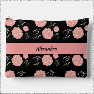 Pochette À Accessoires Jolie Roses roses roses avec feuillage sur noir