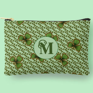 Pochette À Accessoires Jolis trèfles irlandais verts et dorés Monogramme