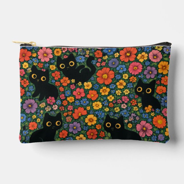 Pochette À Accessoires Kawaii Garden Art | Cute Black Cat Floral Pattern (Recto)