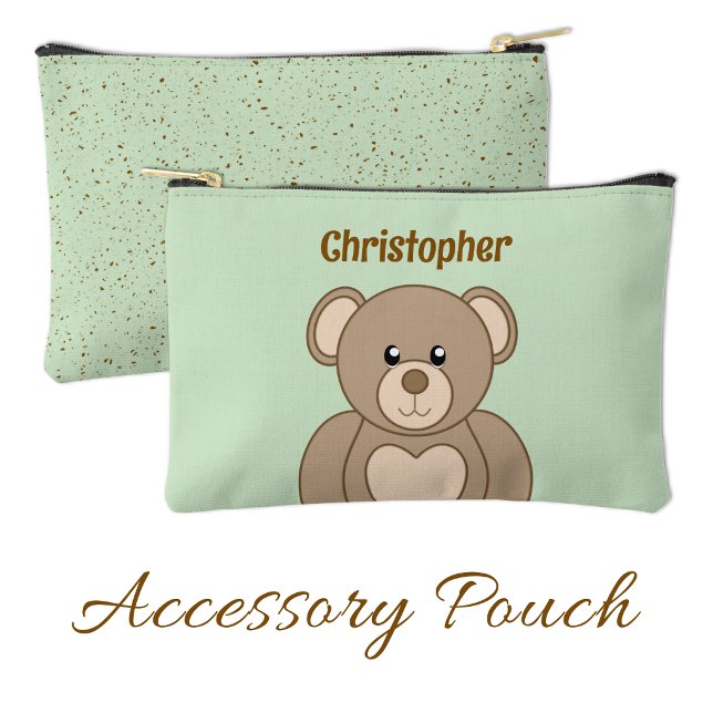 Pochette À Accessoires Kids cute teddy bear add a name brown green (Créateur téléchargé)
