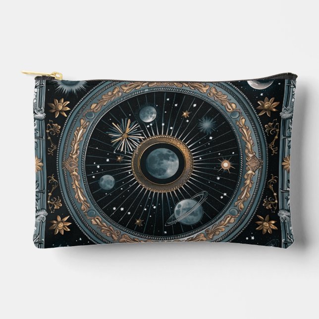 Pochette À Accessoires Lune orbitale céleste dorée avec astral orné (Recto)