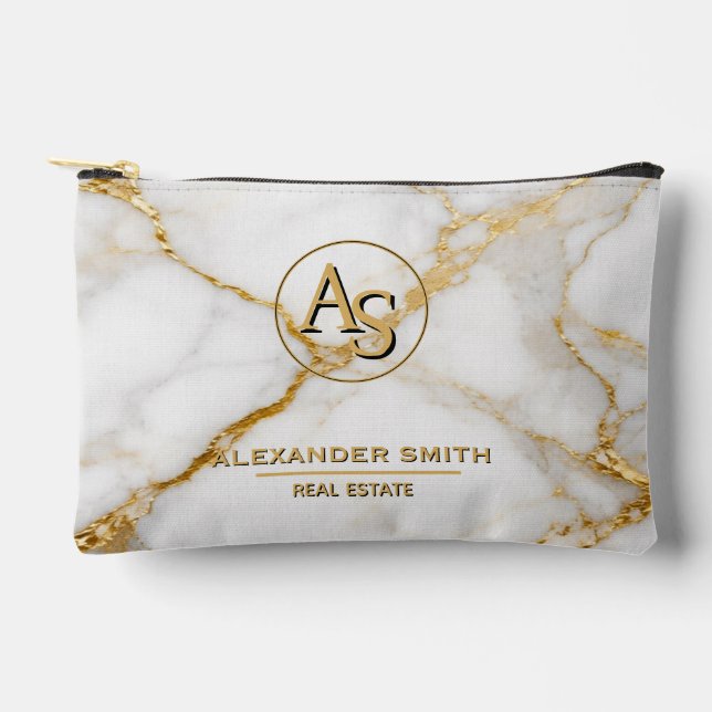 Pochette À Accessoires Luxury White Marble Gold Monogram Real Estate  (Recto)