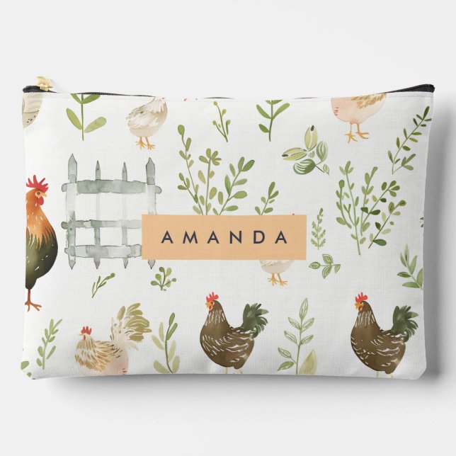 Pochette À Accessoires Maison rustique personnalisée Poulets et verdure (Recto)