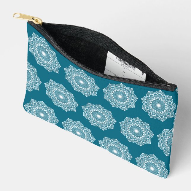 Pochette À Accessoires Mandala blanc sur fond bleu (Ouvrir)