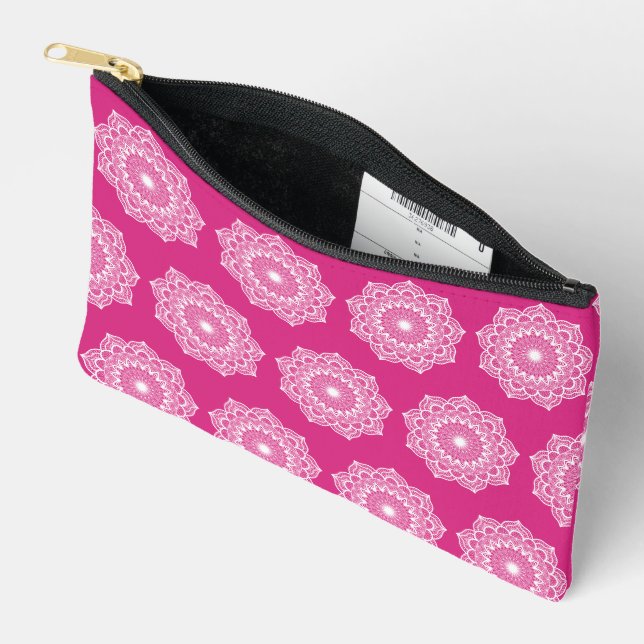 Pochette À Accessoires Mandala blanc sur fond rose (Ouvrir)