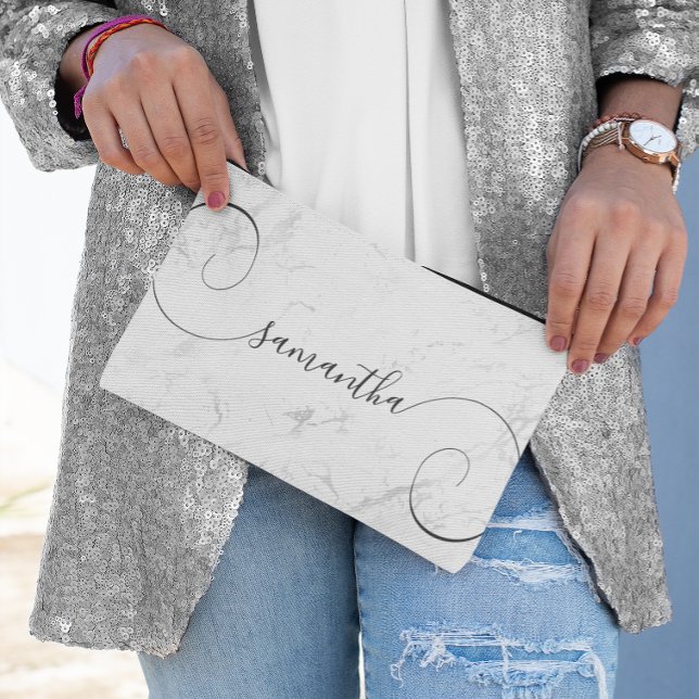 Pochette À Accessoires Marbre Blanc Argenté Luxueux Nom Signature Bouclé (Luxury Silver White Marble Curly Signature Name Accessory Pouch)