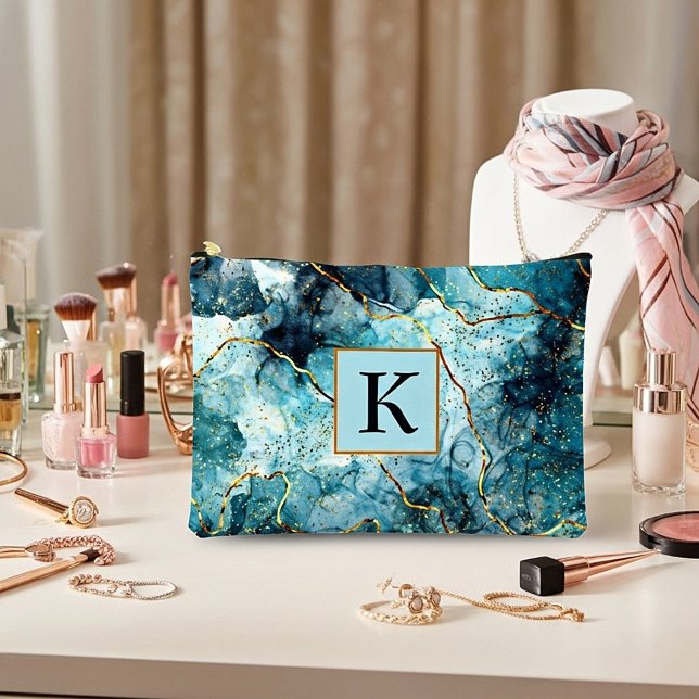 Pochette À Accessoires Marbre pailleté bleu et or monogramme (Créateur téléchargé)