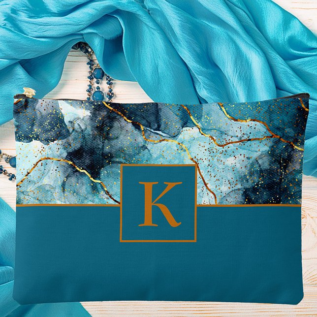 Pochette À Accessoires Marbre pailleté bleu et or monogrammé (Créateur téléchargé)