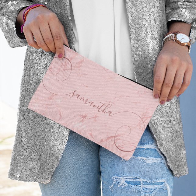 Pochette À Accessoires Marbre Rose Pâle Nom Signé Bouclé (Blush Pink Marble Curly Signature Name Accessory Pouch)