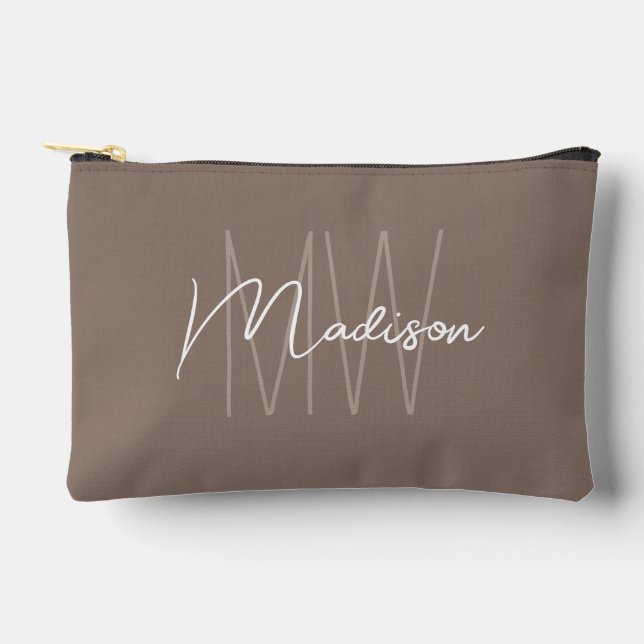 Pochette À Accessoires Marque Moderne Monogramme Nom Taupe (Recto)