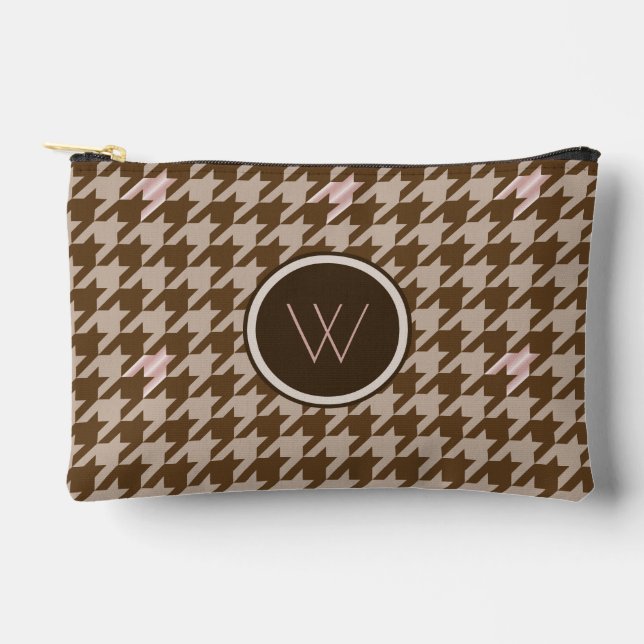 Pochette À Accessoires Marron avec accent de ton rose Houndstooth (Recto)