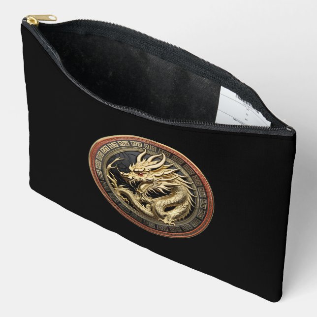 Pochette À Accessoires Médaillon de dragon sacré oriental en or (Ouvrir)