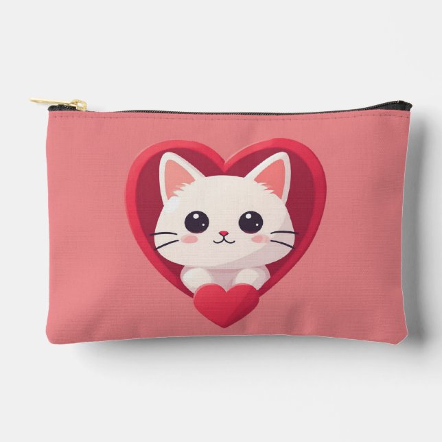Pochette À Accessoires Mignon Chat Blanc avec Design Kawaii de Kitty Love (Recto)