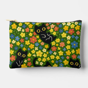 Pochette À Accessoires Mignons Chats Noirs Motif Floral de Prairie