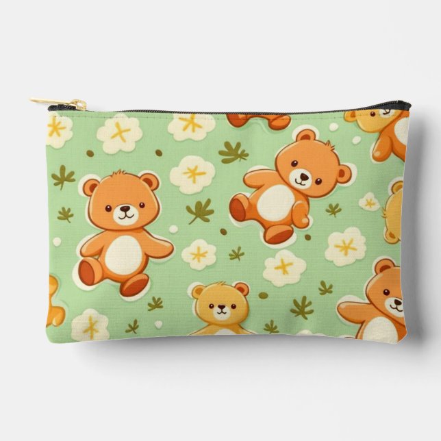 Pochette À Accessoires Mignons ours en peluche et motif de feuilles verte (Recto)