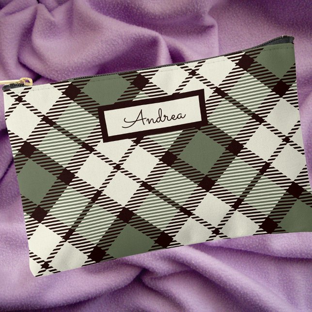 Pochette À Accessoires Moderne Classique Vert Sauge Carreaux Monogrammé (Créateur téléchargé)