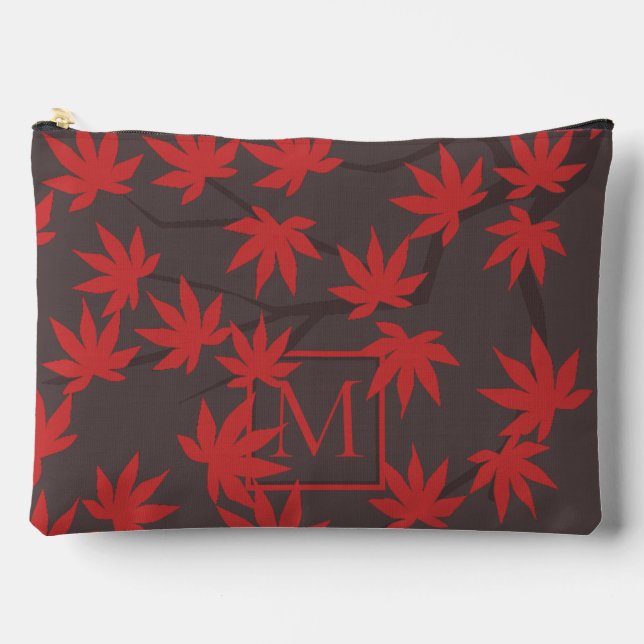 Pochette À Accessoires Moderne Monogramme Feuille d'Érable Rouge Grise (Recto)