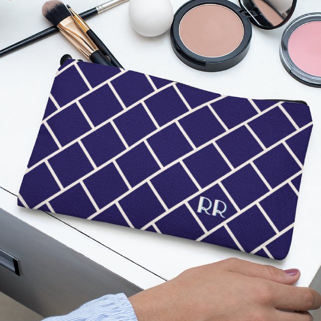 Pochette À Accessoires Monogram Beige & Navy Blue Stylish Trellis Pattern (Créateur téléchargé)