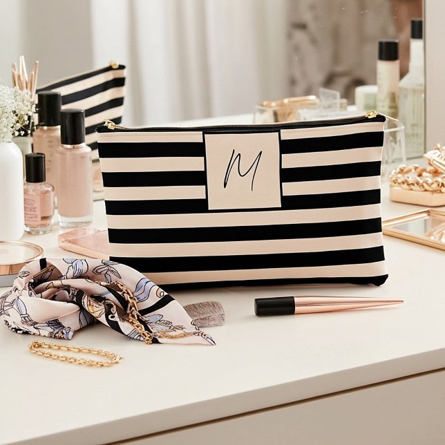 Pochette À Accessoires Monogramme à rayures simple moderne (Créateur téléchargé)