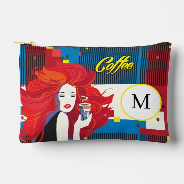 Pochette À Accessoires Monogramme "Belle femme de mode avec café" (Recto)
