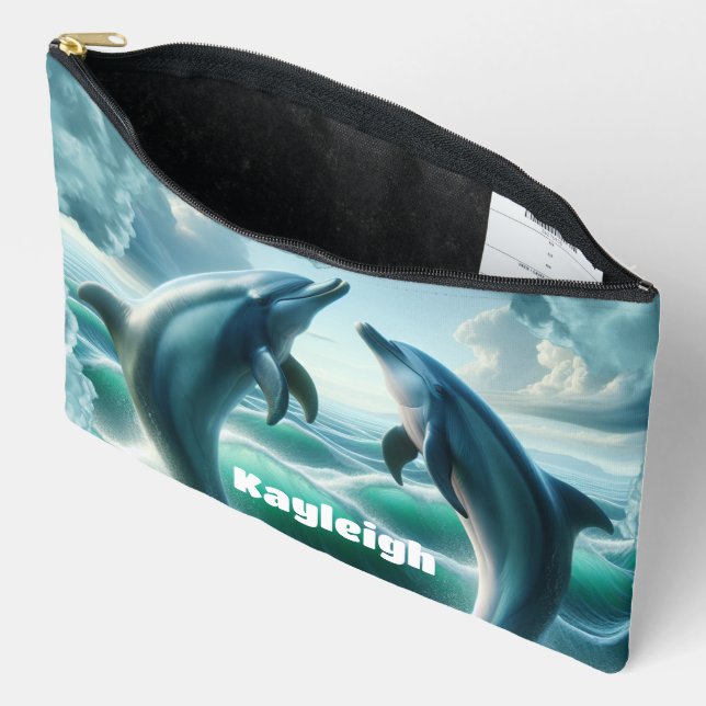 Pochette À Accessoires Monogramme Blue Dolphins Turquoises Océan | (Ouvrir)