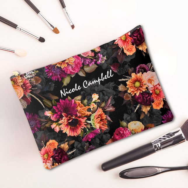 Pochette À Accessoires Monogramme botanique élégant fuchsia orange (Créateur téléchargé)