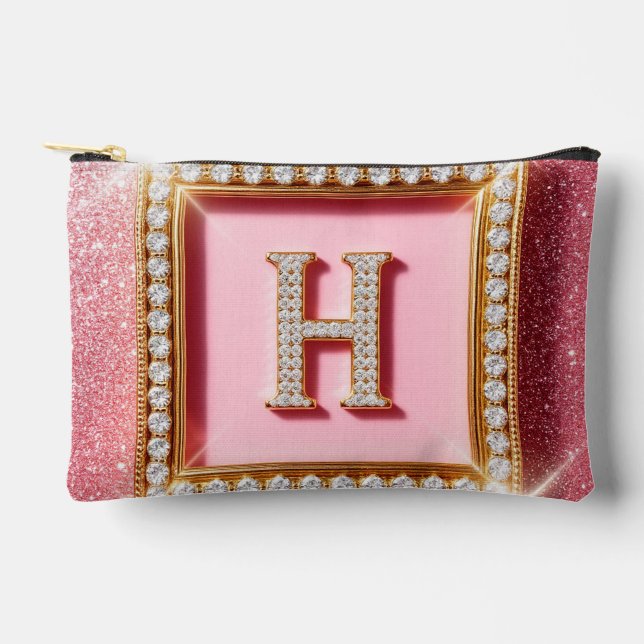 Pochette À Accessoires Monogramme Cadre Or Initiale H Diamant Paillettes  (Recto)