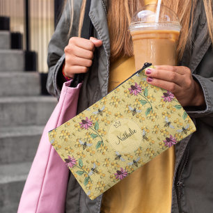 Pochette À Accessoires Monogramme d'abeille et de fleurs jaunes moutarde
