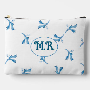 Pochette À Accessoires Monogramme de carreau floral bleu méditerranéen