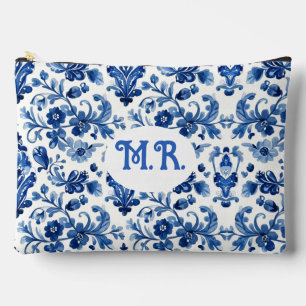 Pochette À Accessoires Monogramme de carreau floral bleu méditerranéen
