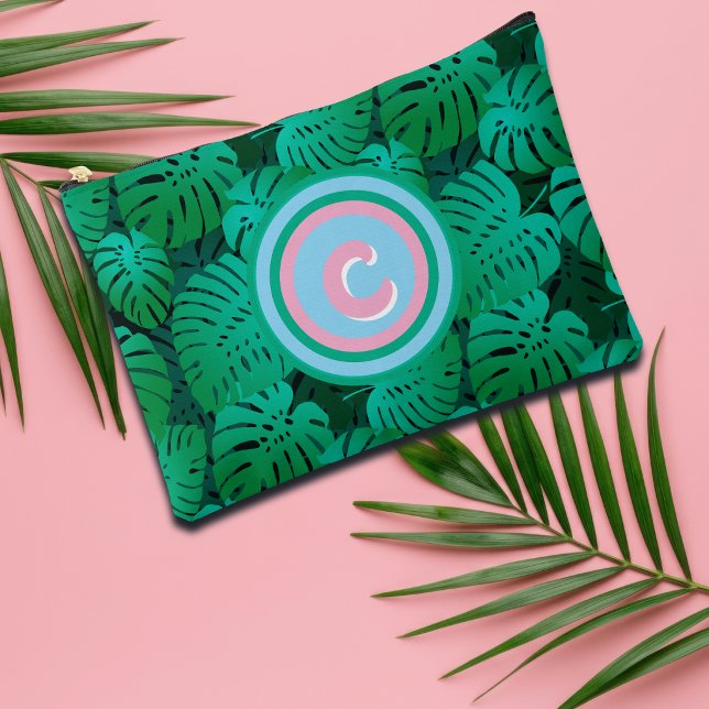 Pochette À Accessoires Monogramme de feuilles vertes tropicales d'été  (Créateur téléchargé)