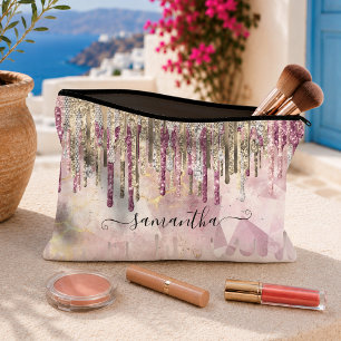Pochette À Accessoires Monogramme de gouttes de paillettes dorées roses c