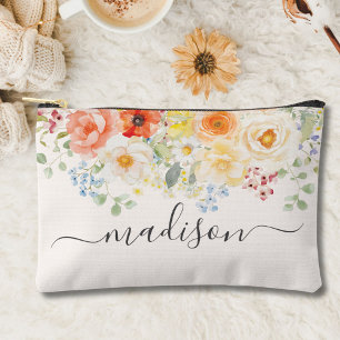 Pochette À Accessoires Monogramme de nom personnalisé Aquarelle Floral En