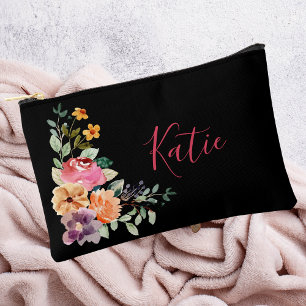 Pochette À Accessoires Monogramme de script floral aquarelle noir moderne