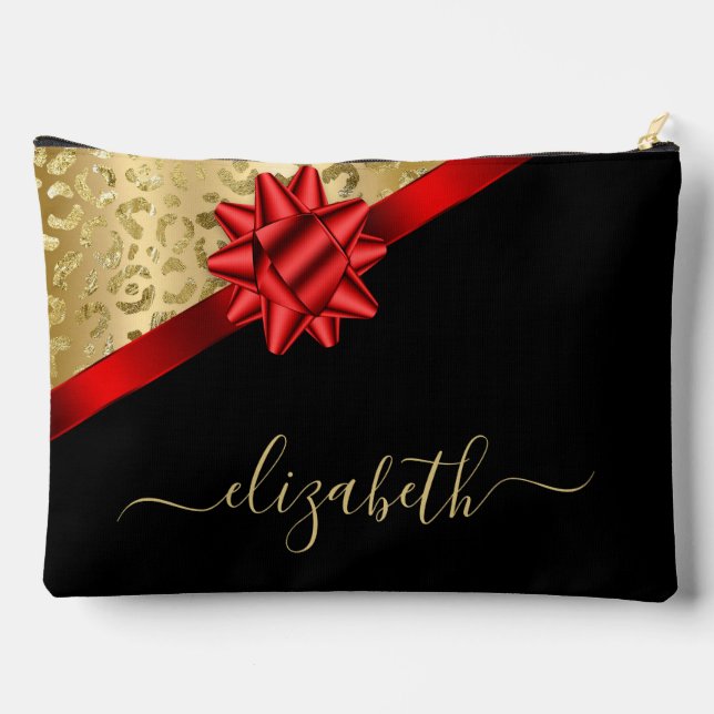 Pochette À Accessoires Monogramme de script Gold Red Ribbon (Verso)