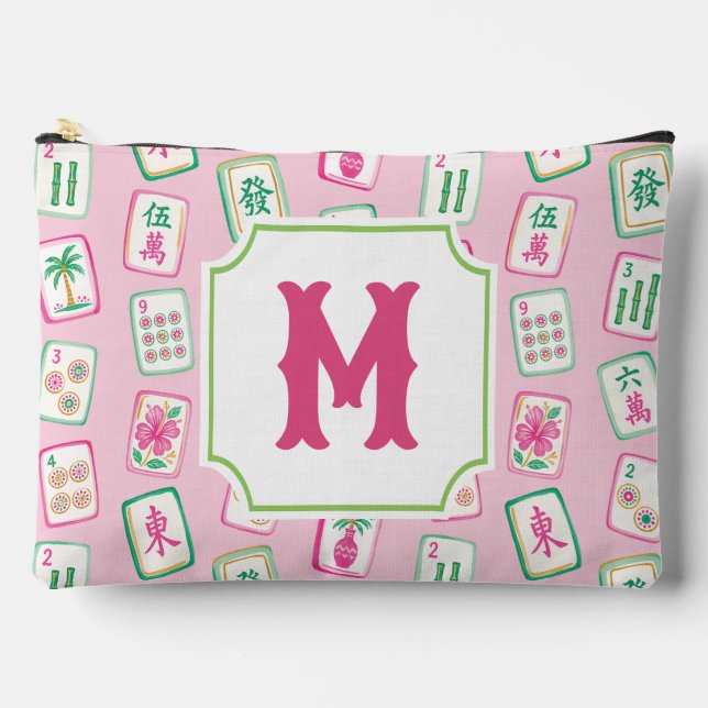 Pochette À Accessoires Monogramme de tuiles de Mahjong Rose & Vert Palm B (Recto)