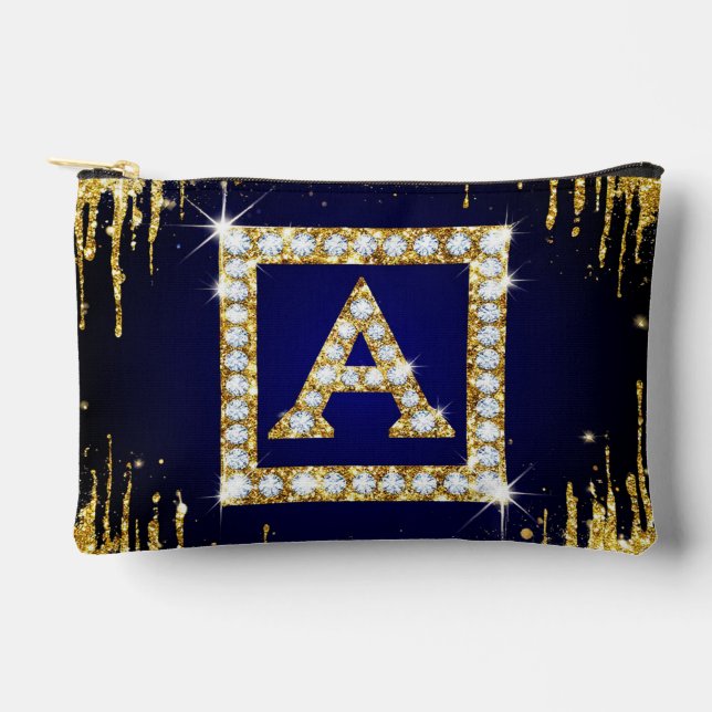 Pochette À Accessoires Monogramme doré initial A avec paillettes bleues (Recto)