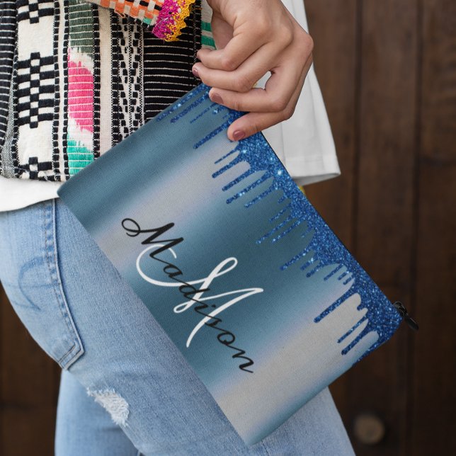 Pochette À Accessoires Monogramme Drips Féminin Regard Pailleté Bleu Mari (Créateur téléchargé)