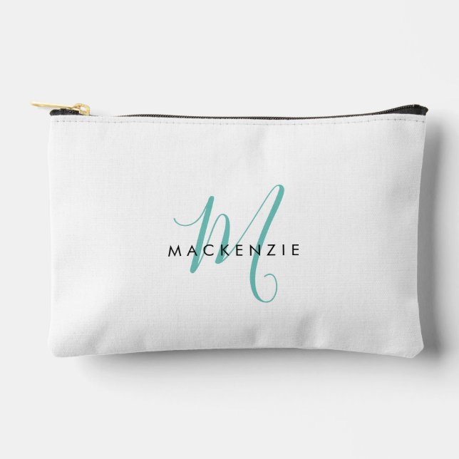Pochette À Accessoires Monogramme élégant moderne blanc sarcelle écriture (Recto)