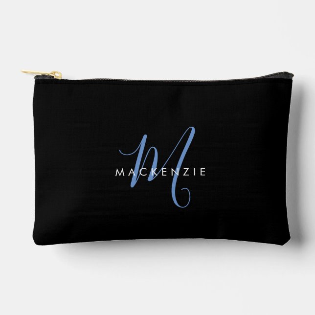 Pochette À Accessoires Monogramme élégant moderne noir bleu script (Recto)