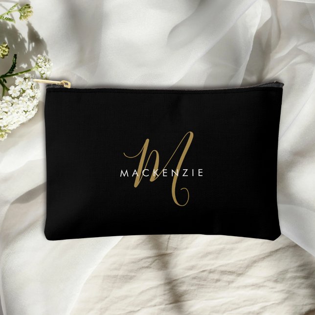 Pochette À Accessoires Monogramme élégant moderne noir or écriture (Créateur téléchargé)