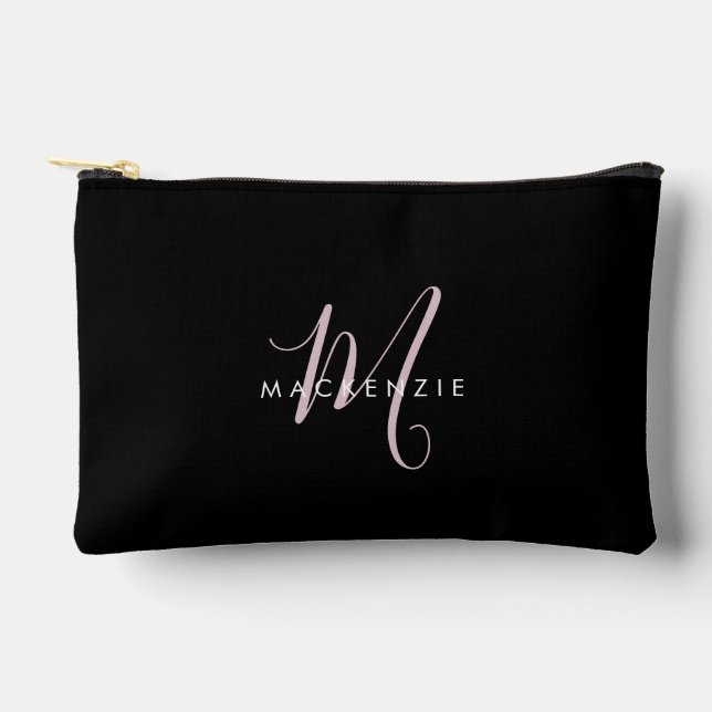 Pochette À Accessoires Monogramme élégant moderne noir rose blush écritur (Recto)